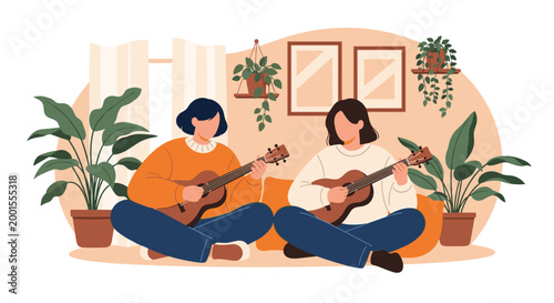 Two friends spend quality time together by playing acoustic ukuleles in a cozy living room filled with many green indoor plants.
