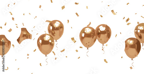 Golden balloons with confetti set illustrating festive celebration, party decoration, and luxury event vector illustration