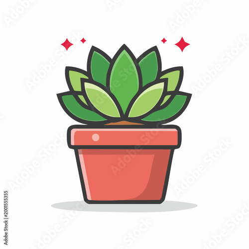 Stylized Illustration of a Green Succulent Plant in a Red Pot