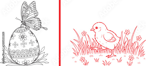 Easter coloring book pages with butterfly on decorated egg and baby chick in grass vector isolated on white background