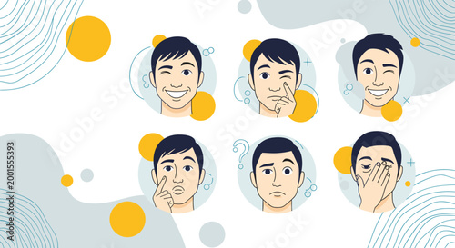 Collection of male character portraits shows different eye-related facial expressions including winking, rubbing eyes, and squinting.