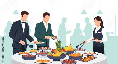 Catering staff assists guests at a lavish buffet table filled with various appetizers, fresh fruits, and desserts at a formal event.