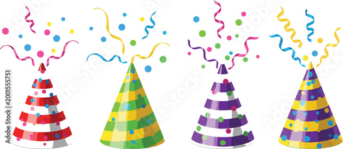 Colorful party hats with confetti and streamers illustrating celebration, birthday decorations, and festive vector illustration set