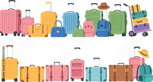 Travel luggage set with suitcases, backpacks, and bags illustrating tourism, vacation packing, and travel accessories vector illustration