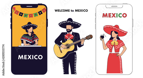 Vibrant set of illustrations showcasing Mexican cultural symbols including mariachi music traditional hats and people.