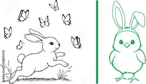 Easter coloring page illustration with jumping rabbit butterflies and chick wearing bunny ears isolated on white background