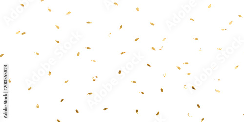 Softly blurred abstract background with delicate, scattered confetti particles in warm, golden tones against a clean white backdrop, holiday background