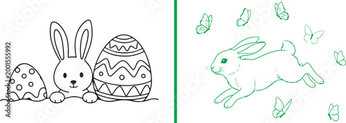Easter bunny peeking and rabbit jumping with eggs and butterflies isolated on white background line art illustration