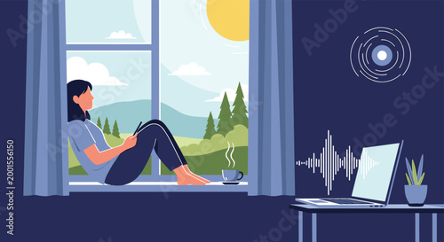 Peaceful woman sitting on a windowsill looking at mountain views and listening to music through a laptop at home.