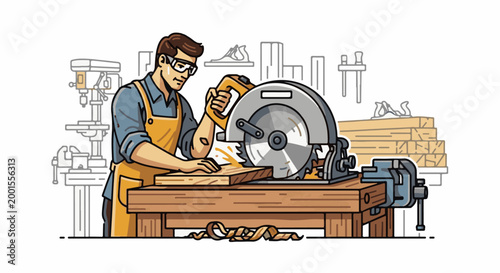 Carpenter using a circular saw on wood with tools in background
