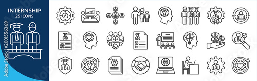 Internship outline icon set. Contain internship, training, work culture, stipend, communication, protection, student, employee, hiring, onboarding, mentorship, networking, upskilling, learning