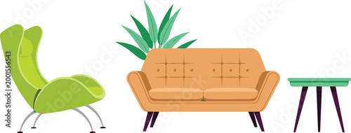 Modern living room furniture set with armchair, sofa, plant, and side table illustrating interior design, home decor, and vector illustration