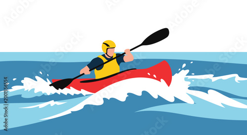 Active person in a red kayak paddling through ocean waves and splashing water while wearing a helmet and life vest.