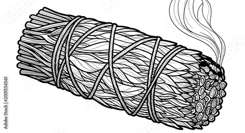 Sage smudge bundle with braided leaves and curling smoke for cleansing rituals and meditation at home