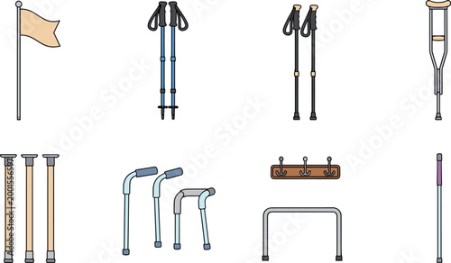 Medical Mobility Aid and Walking Support Equipment Flat Vector Illustration Set with Crutch Walker Cane Trekking Pole and Flag Collection