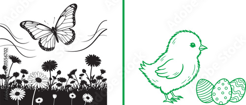 Spring and Easter vector illustration set with butterfly over flowers and baby chick with eggs isolated on white background