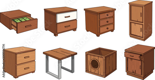 Wooden Drawer Cabinet and Bedside Table Furniture Flat Vector Illustration Set with Different Styles Brown Interior Home Decor Collection