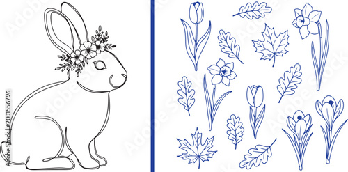 Cute Easter bunny with flower crown and spring botanical line art elements vector isolated on white background