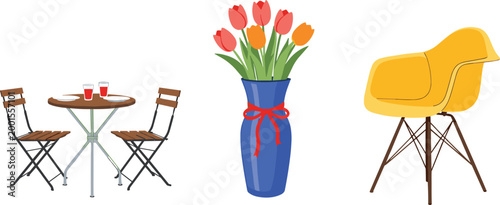 Modern furniture set with cafe table and chairs, tulips in vase, and stylish armchair illustrating interior decor, home design, and vector illustration
