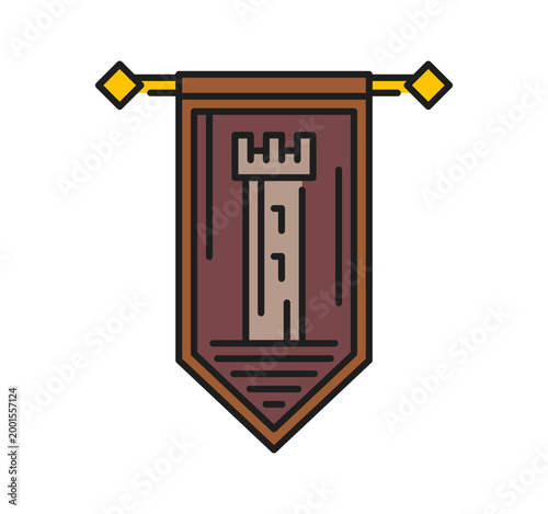 Heraldry banner flag with tower color line icon or pictogram. Ancient heraldry linear symbol, vintage crest sign. Antique medieval icon