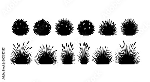 Grass clump icon set with black doodle strokes, spiky blades and textured tufts for landscape design and icons