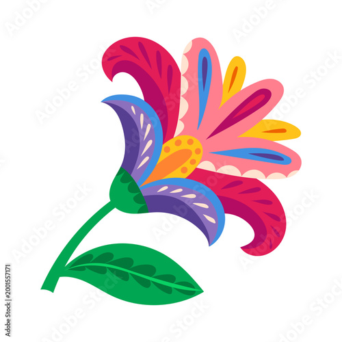 Mexican folk traditional abstract flower element with green leaf pink and red petals. Mexican ethnic floral isolated element, Latin American plant vector decor. Mexico folk colorful flower object