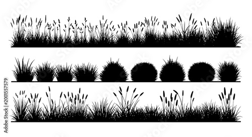 Grass tufts line icons in black silhouette style, set of ornamental blades for nature backgrounds and vector designs
