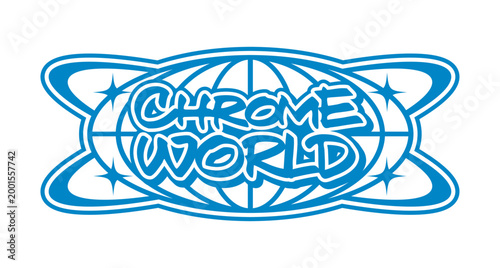 Chrome world globe vintage Y2K icon or sign. Planet Earth sphere mesh 60s vector symbol, company retro emblem. International business globe wireframe Y2K sign with graffiti typography, globe and stars