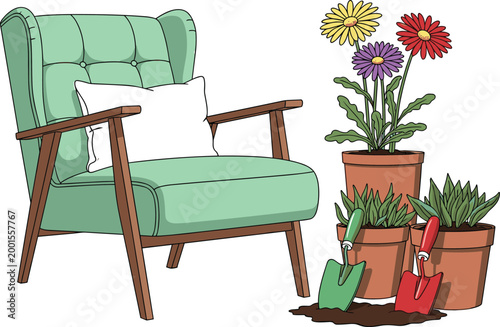 Cozy armchair with potted flowers and gardening tools illustrating home interior decor, gardening hobby, and relaxing lifestyle vector illustration