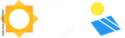 Minimalist solar energy icons featuring a geometric sun and a blue solar panel flat design illustration