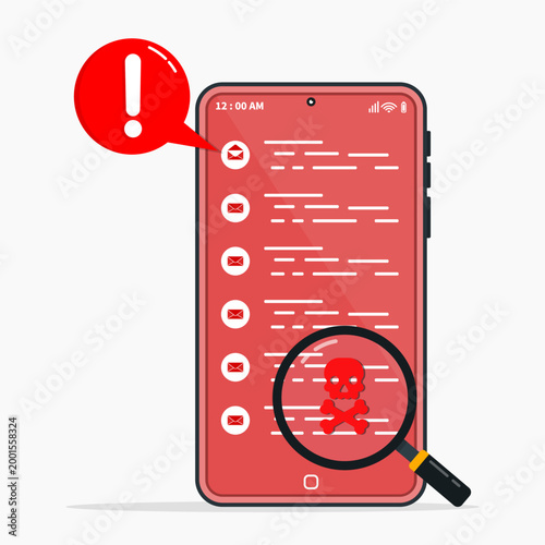 Malicious emails detected on smartphone, highlighting phishing, spam messages, malware infection, and cybersecurity threat targeting mobile users and personal data.
