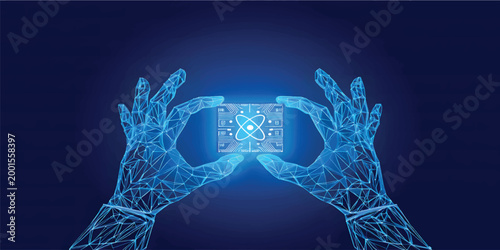 Two Digital Hands Holding AI chip with nuclear atom icon with circuit. Blue Low Poly Wireframe Illustration on Dark Blue Background. Science and Technology Innovation Concept.