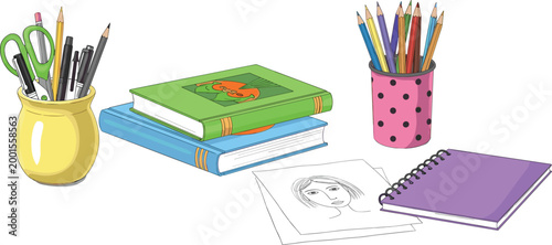 School and art supplies set with books, pencils, sketchpad, and stationery tools illustrating education, creativity, and classroom materials vector illustration