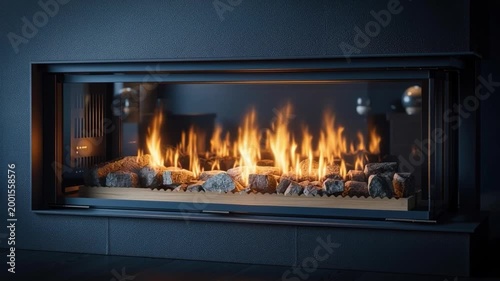 Modern built-in gas fireplace with visible flames and decorative stones inside a dark textured wall
