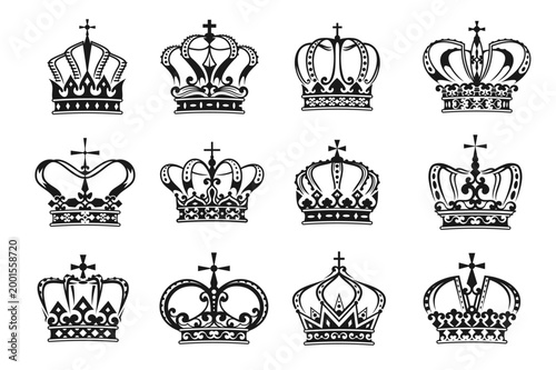 Heraldic royal crown, king, emperor or duke medieval hats. Vintage ornate royal coronation crown vector silhouettes with jewels, gothic crosses and victorian flourishes for heraldic crest or badge