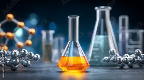 Laboratory setting with various glassware and an orange liquid in a flask.