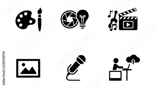 Icons for video, audio, photography, and content production.