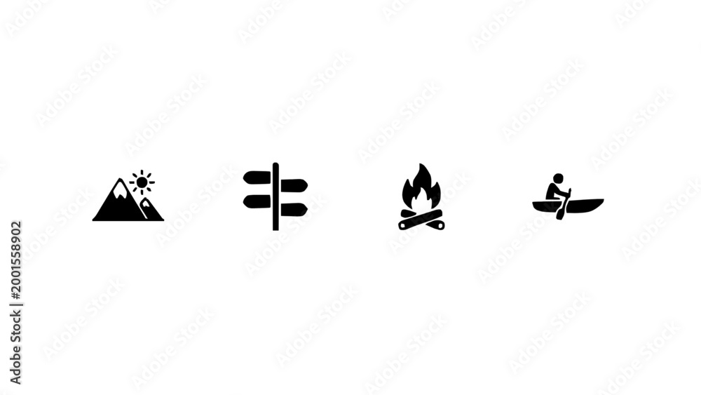 Fototapeta premium Minimal icons for mountain, camping, fire, and outdoor activities.
