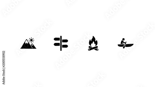 Minimal icons for mountain, camping, fire, and outdoor activities.