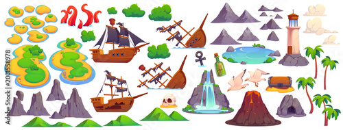 Pirate treasure island constructor, vector game UI asset. Cartoon tropical sea island constructor set, treasure chest, pirate ships and beach, shipwreck, skull and map bottle, volcano and palm trees