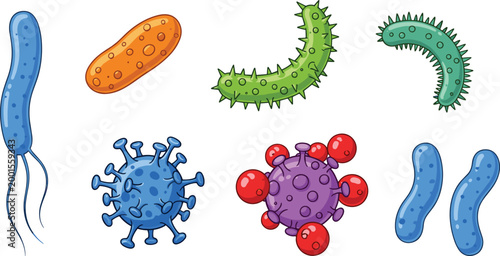 Cartoon bacteria and virus set with colorful microorganisms illustrating microbiology, infection spread, healthcare education, and scientific vector illustration