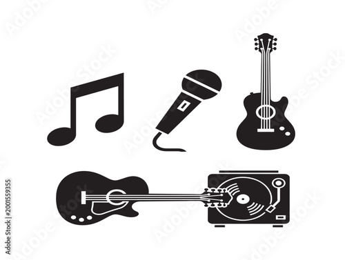 music equipment set flat design vector illustration with microphone guitar and vinyl
