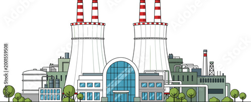 Nuclear power plant with cooling towers and modern industrial complex illustrating energy production, electricity generation, and infrastructure vector illustration