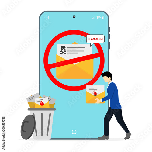 Spam alert on smartphone with blocked email and user deleting messages, concept of phishing protection, email security, and digital privacy.