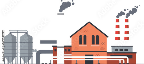 Industrial factory with silos, pipes, and smokestacks illustrating manufacturing plant, production facility, and urban industry vector illustration