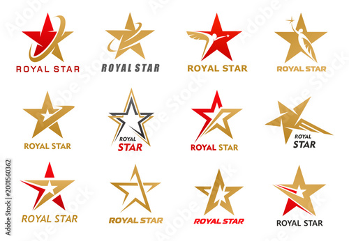 Gold star icons, golden awards or elite club symbols, vector sport and business. Shooting gold stars with red light rays, angels and wings icons. Winner awards, champion medals or talent honor prizes