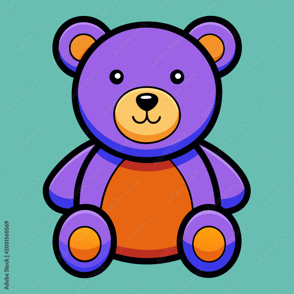 Fototapeta premium A cute purple and orange teddy bear with a friendly face standing on a teal background