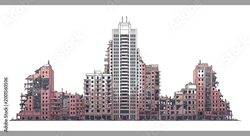 Abandoned city ruins vector illustration featuring damaged buildings and broken urban skyline in post apocalyptic architectural design style