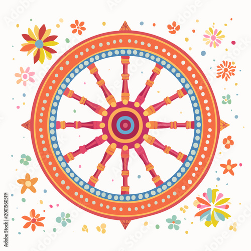 Colorful Dharma Wheel with Floral Accents