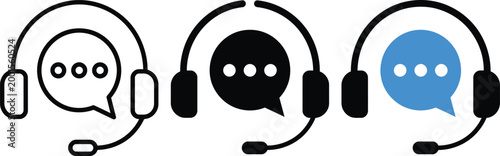 Customer service icon. Contact support agent button. Headset with speech bubble vector illustration. Call center operator symbol. Customer support chat sign. Earphones with microphone speech bubble.